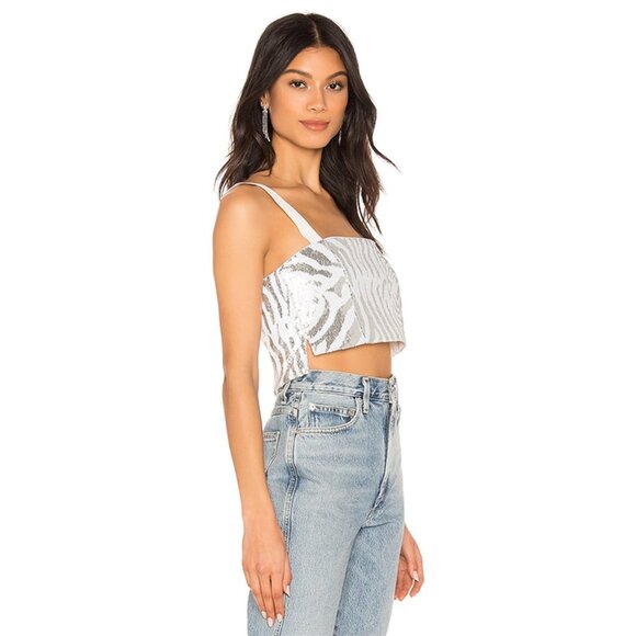 X by NBD Nakia Sequin Animal Print Zebra Crop Top Tank Blouse Silver White Small - Picture 2 of 6